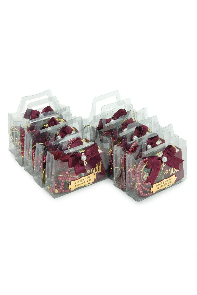 10 Adet İsme Özel Çantalı Mevlüt Hediyelik - Zikirmatik Tesbih Mini Kuranı Kerim Seti - Bordo - 6