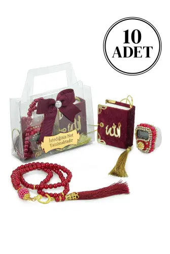10 Adet İsme Özel Çantalı Mevlüt Hediyelik - Zikirmatik Tesbih Mini Kuranı Kerim Seti - Bordo 