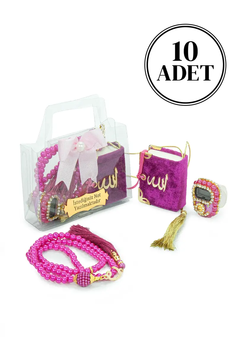 10 Adet İsme Özel Çantalı Mevlüt Hediyelik - Zikirmatik Tesbih Mini Kuranı Kerim Seti - Fuşya - 1
