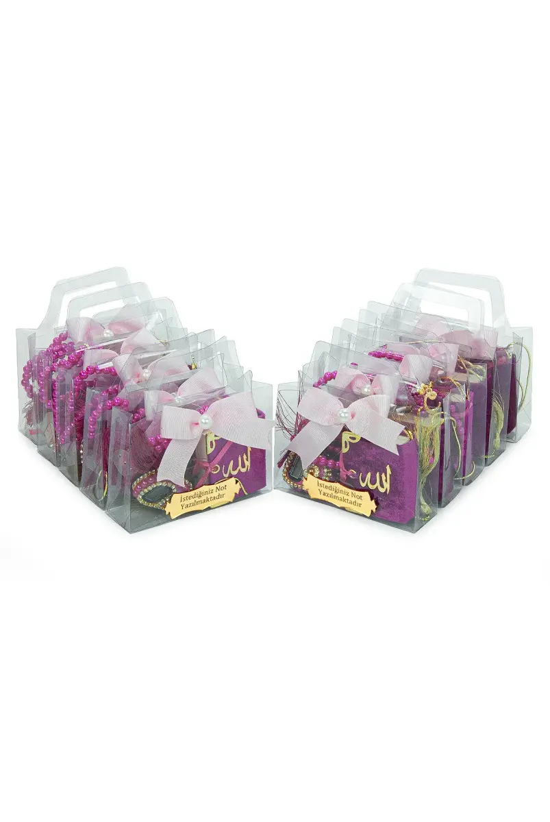 10 Adet İsme Özel Çantalı Mevlüt Hediyelik - Zikirmatik Tesbih Mini Kuranı Kerim Seti - Fuşya - 2