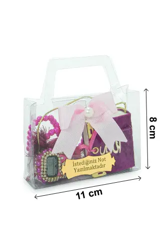 10 Adet İsme Özel Çantalı Mevlüt Hediyelik - Zikirmatik Tesbih Mini Kuranı Kerim Seti - Fuşya - 6