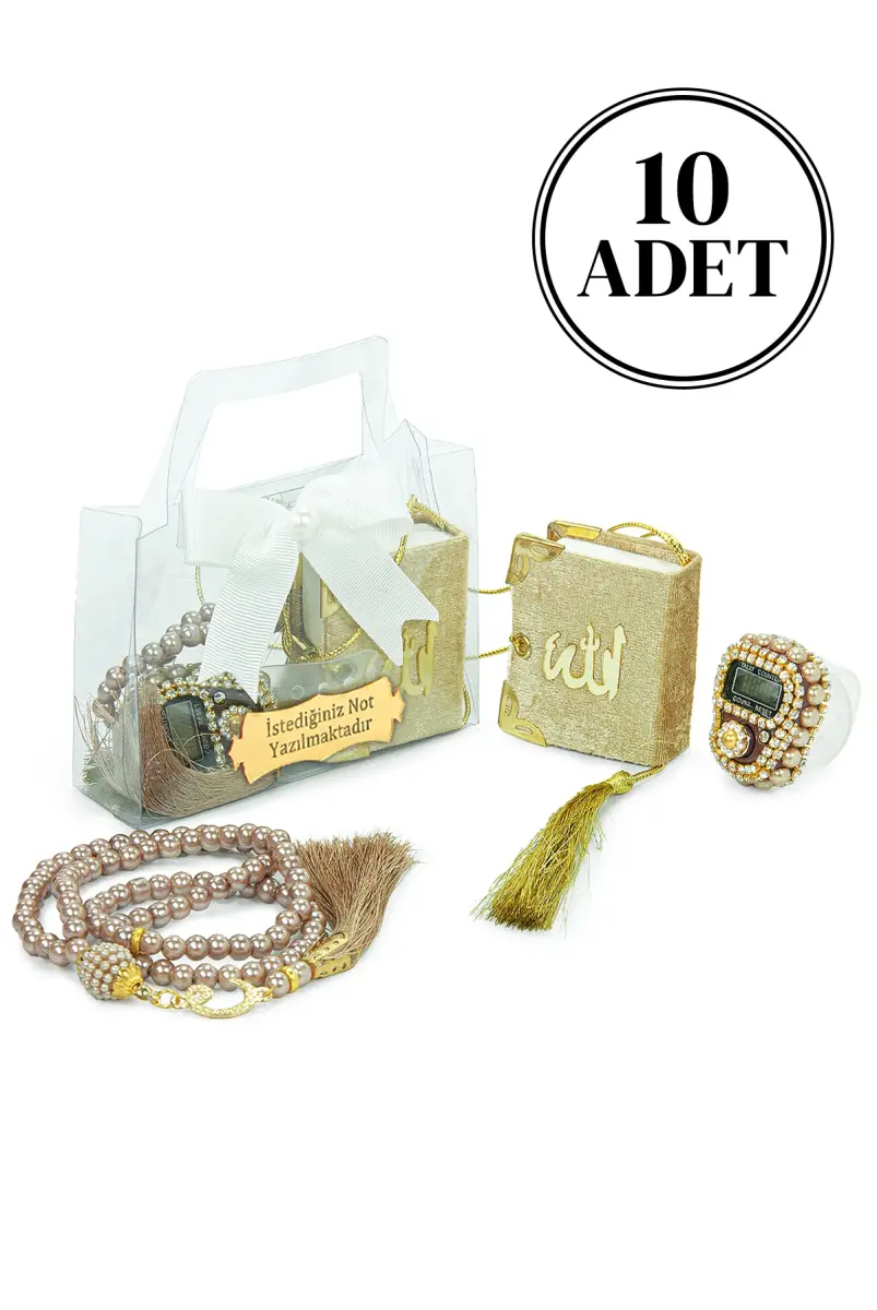 10 Adet İsme Özel Çantalı Mevlüt Hediyelik - Zikirmatik Tesbih Mini Kuranı Kerim Seti - Gold - 1