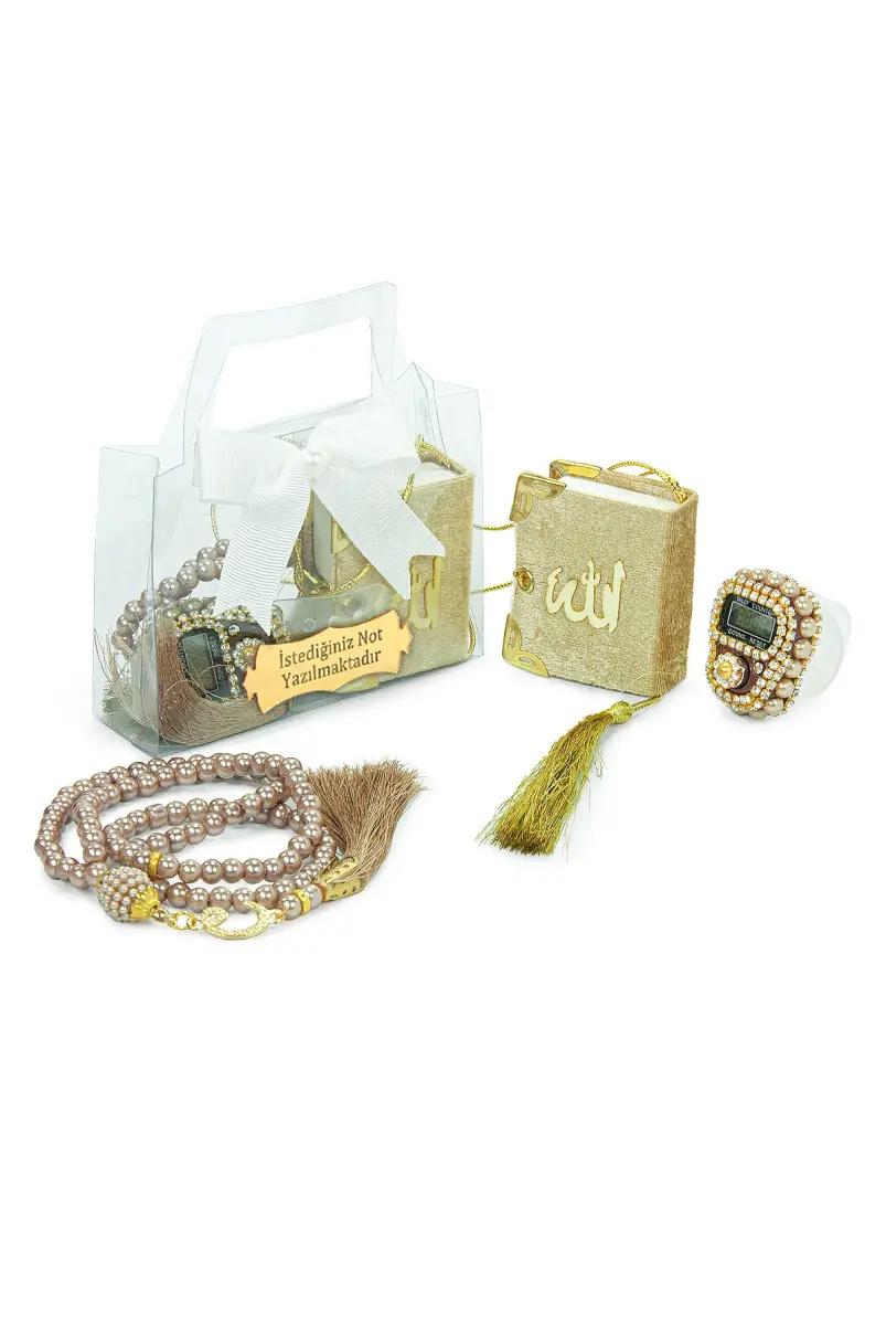 10 Adet İsme Özel Çantalı Mevlüt Hediyelik - Zikirmatik Tesbih Mini Kuranı Kerim Seti - Gold - 2