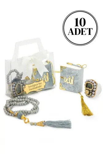 10 Adet İsme Özel Çantalı Mevlüt Hediyelik - Zikirmatik Tesbih Mini Kuranı Kerim Seti - Gri - 1