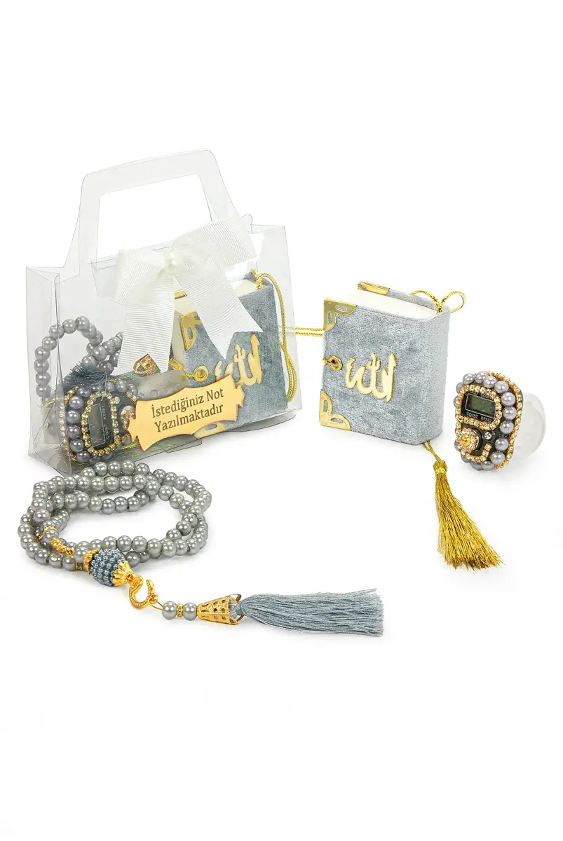 10 Adet İsme Özel Çantalı Mevlüt Hediyelik - Zikirmatik Tesbih Mini Kuranı Kerim Seti - Gri - 2