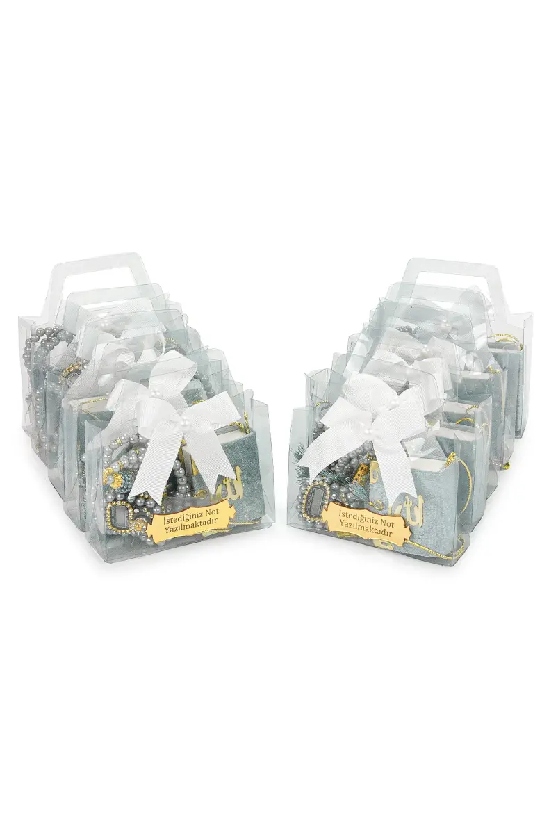 10 Adet İsme Özel Çantalı Mevlüt Hediyelik - Zikirmatik Tesbih Mini Kuranı Kerim Seti - Gri - 3