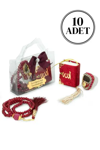 10 Adet İsme Özel Çantalı Mevlüt Hediyelik - Zikirmatik Tesbih Mini Kuranı Kerim Seti - Kırmızı 