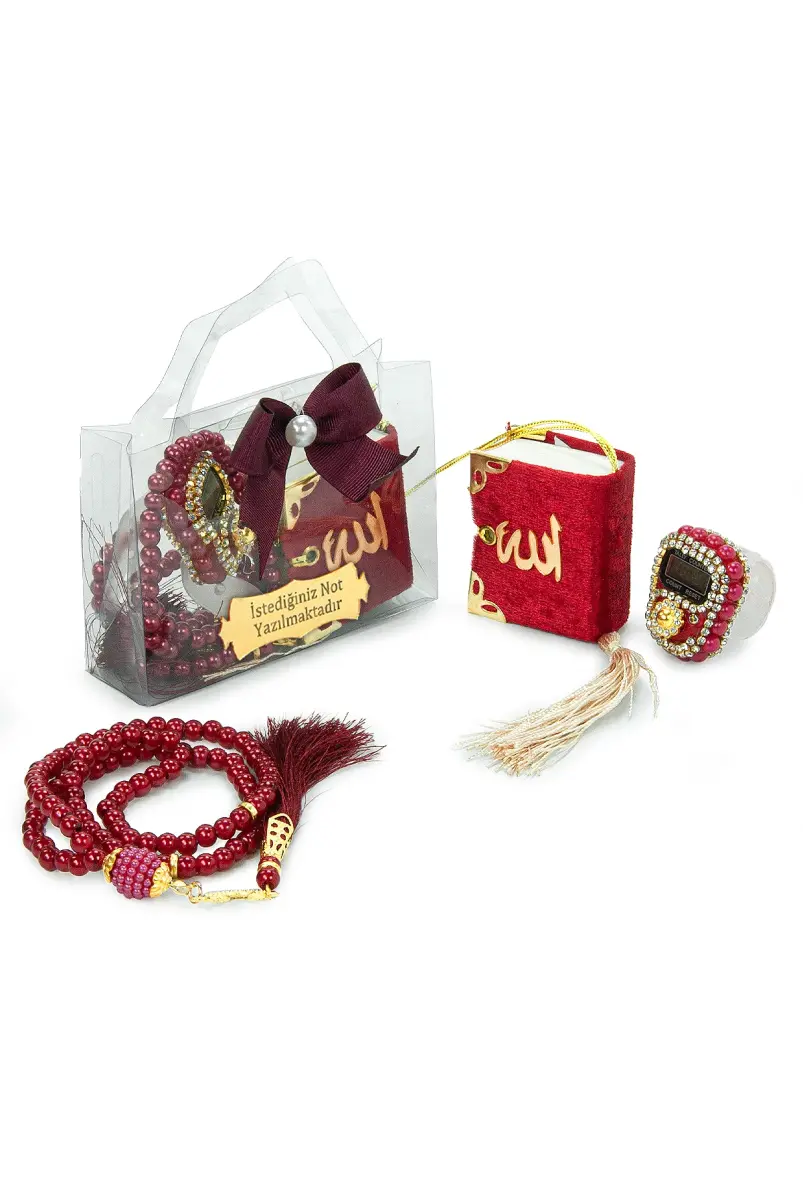 10 Adet İsme Özel Çantalı Mevlüt Hediyelik - Zikirmatik Tesbih Mini Kuranı Kerim Seti - Kırmızı - 2