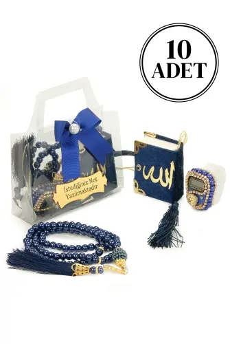 10 Adet İsme Özel Çantalı Mevlüt Hediyelik - Zikirmatik Tesbih Mini Kuranı Kerim Seti - Lacivert 