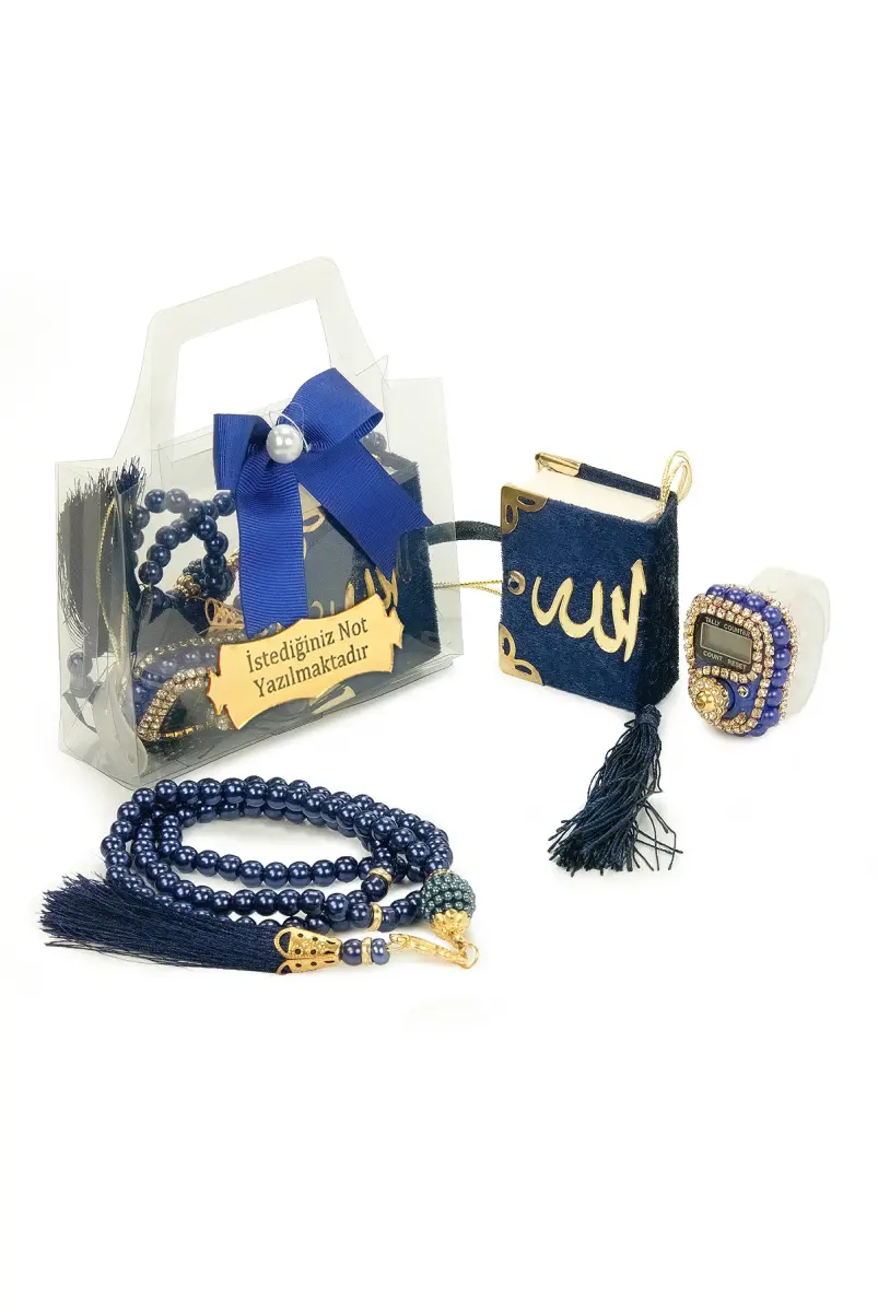 10 Adet İsme Özel Çantalı Mevlüt Hediyelik - Zikirmatik Tesbih Mini Kuranı Kerim Seti - Lacivert - 2