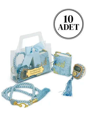 10 Adet İsme Özel Çantalı Mevlüt Hediyelik - Zikirmatik Tesbih Mini Kuranı Kerim Seti - Mavi 