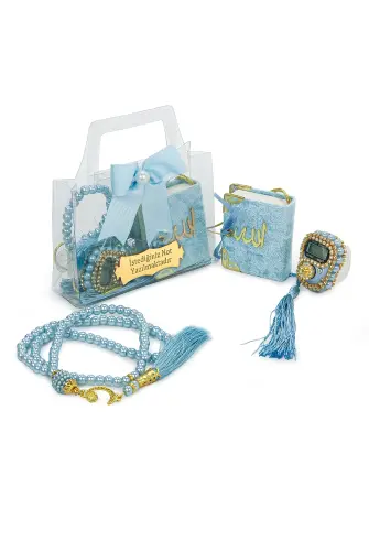 10 Adet İsme Özel Çantalı Mevlüt Hediyelik - Zikirmatik Tesbih Mini Kuranı Kerim Seti - Mavi - 2