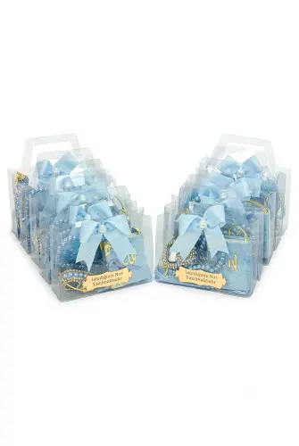 10 Adet İsme Özel Çantalı Mevlüt Hediyelik - Zikirmatik Tesbih Mini Kuranı Kerim Seti - Mavi - 3