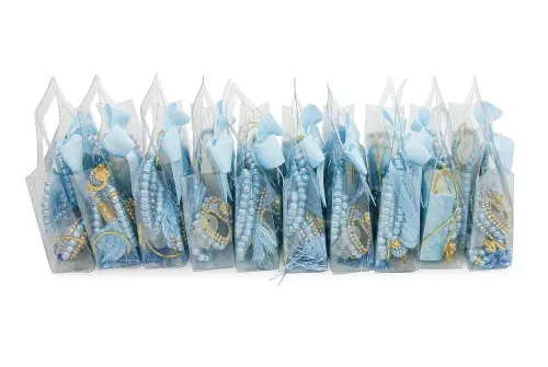 10 Adet İsme Özel Çantalı Mevlüt Hediyelik - Zikirmatik Tesbih Mini Kuranı Kerim Seti - Mavi - 5