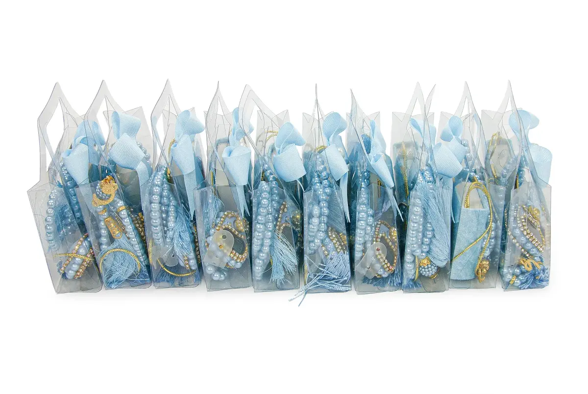 10 Adet İsme Özel Çantalı Mevlüt Hediyelik - Zikirmatik Tesbih Mini Kuranı Kerim Seti - Mavi - 5