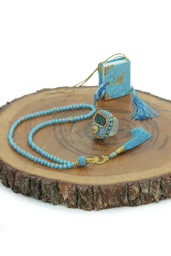 10 Adet İsme Özel Çantalı Mevlüt Hediyelik - Zikirmatik Tesbih Mini Kuranı Kerim Seti - Mavi - 6