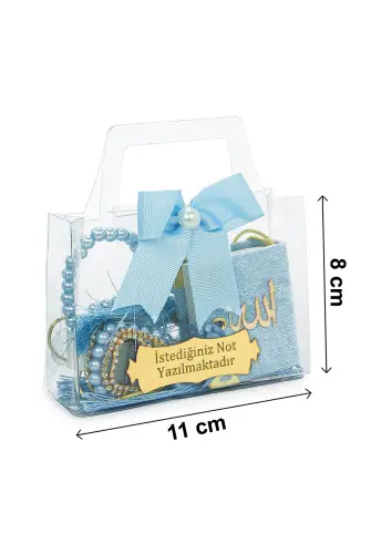 10 Adet İsme Özel Çantalı Mevlüt Hediyelik - Zikirmatik Tesbih Mini Kuranı Kerim Seti - Mavi - 7