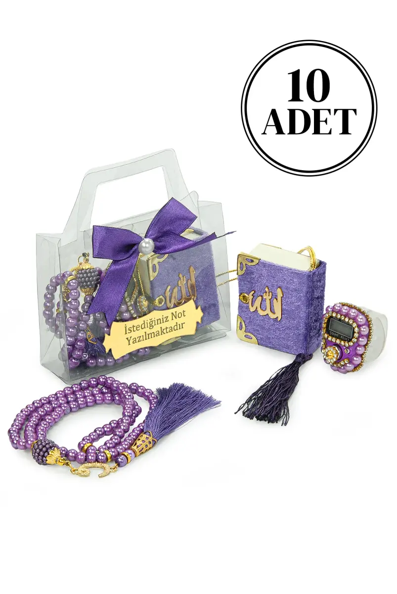 10 Adet İsme Özel Çantalı Mevlüt Hediyelik - Zikirmatik Tesbih Mini Kuranı Kerim Seti - Mor - 1