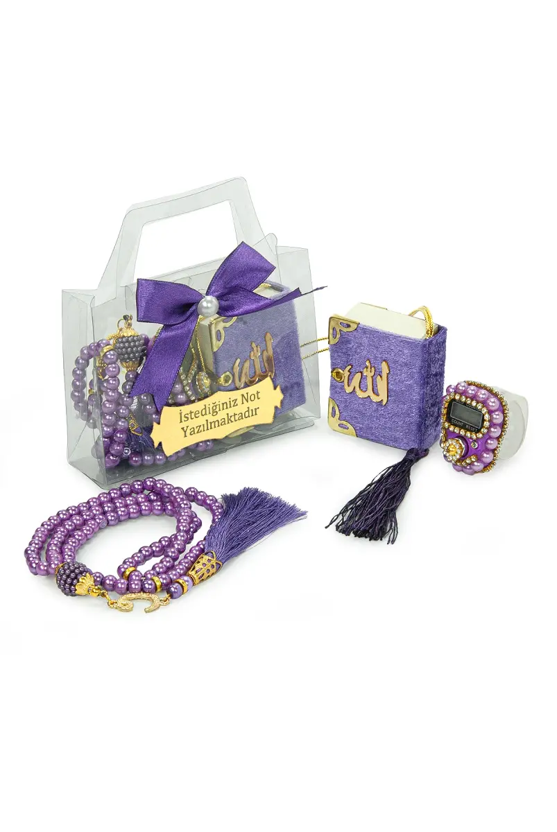 10 Adet İsme Özel Çantalı Mevlüt Hediyelik - Zikirmatik Tesbih Mini Kuranı Kerim Seti - Mor - 2