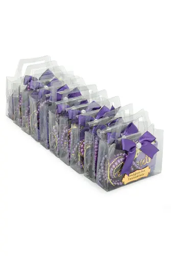 10 Adet İsme Özel Çantalı Mevlüt Hediyelik - Zikirmatik Tesbih Mini Kuranı Kerim Seti - Mor - 4