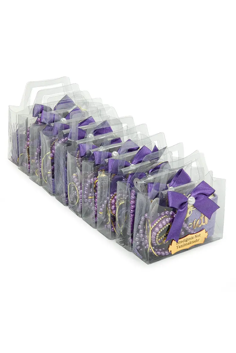 10 Adet İsme Özel Çantalı Mevlüt Hediyelik - Zikirmatik Tesbih Mini Kuranı Kerim Seti - Mor - 4