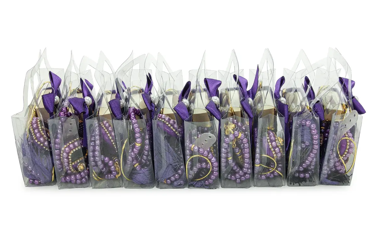 10 Adet İsme Özel Çantalı Mevlüt Hediyelik - Zikirmatik Tesbih Mini Kuranı Kerim Seti - Mor - 5