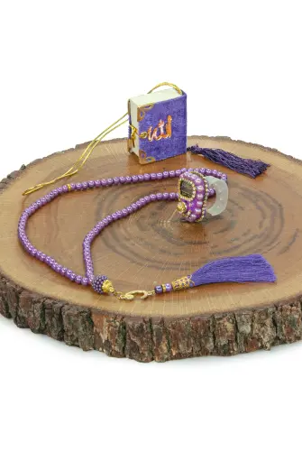 10 Adet İsme Özel Çantalı Mevlüt Hediyelik - Zikirmatik Tesbih Mini Kuranı Kerim Seti - Mor - 6