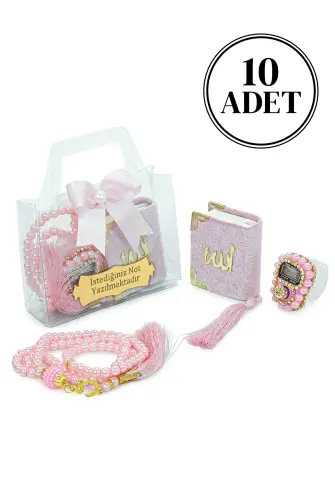 10 Adet İsme Özel Çantalı Mevlüt Hediyelik - Zikirmatik Tesbih Mini Kuranı Kerim Seti - Pembe 