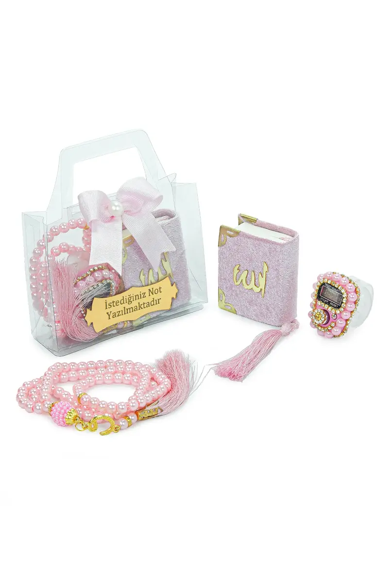 10 Adet İsme Özel Çantalı Mevlüt Hediyelik - Zikirmatik Tesbih Mini Kuranı Kerim Seti - Pembe - 2