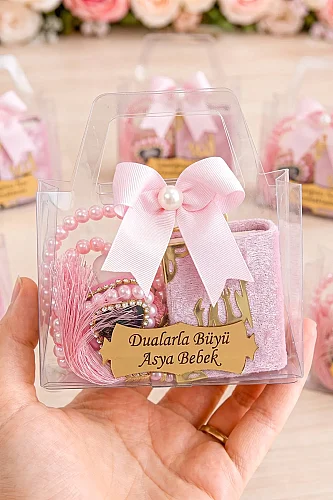 10 Adet İsme Özel Çantalı Mevlüt Hediyelik - Zikirmatik Tesbih Mini Kuranı Kerim Seti - Pembe 