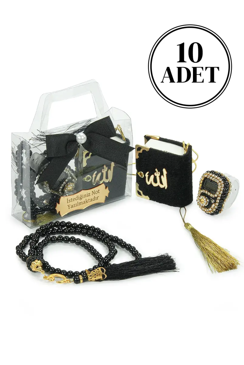 10 Adet İsme Özel Çantalı Mevlüt Hediyelik - Zikirmatik Tesbih Mini Kuranı Kerim Seti - Siyah - 1