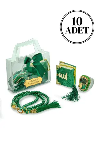 10 Adet İsme Özel Çantalı Mevlüt Hediyelik - Zikirmatik Tesbih Mini Kuranı Kerim Seti - Yeşil 
