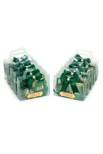 10 Adet İsme Özel Çantalı Mevlüt Hediyelik - Zikirmatik Tesbih Mini Kuranı Kerim Seti - Yeşil - 4