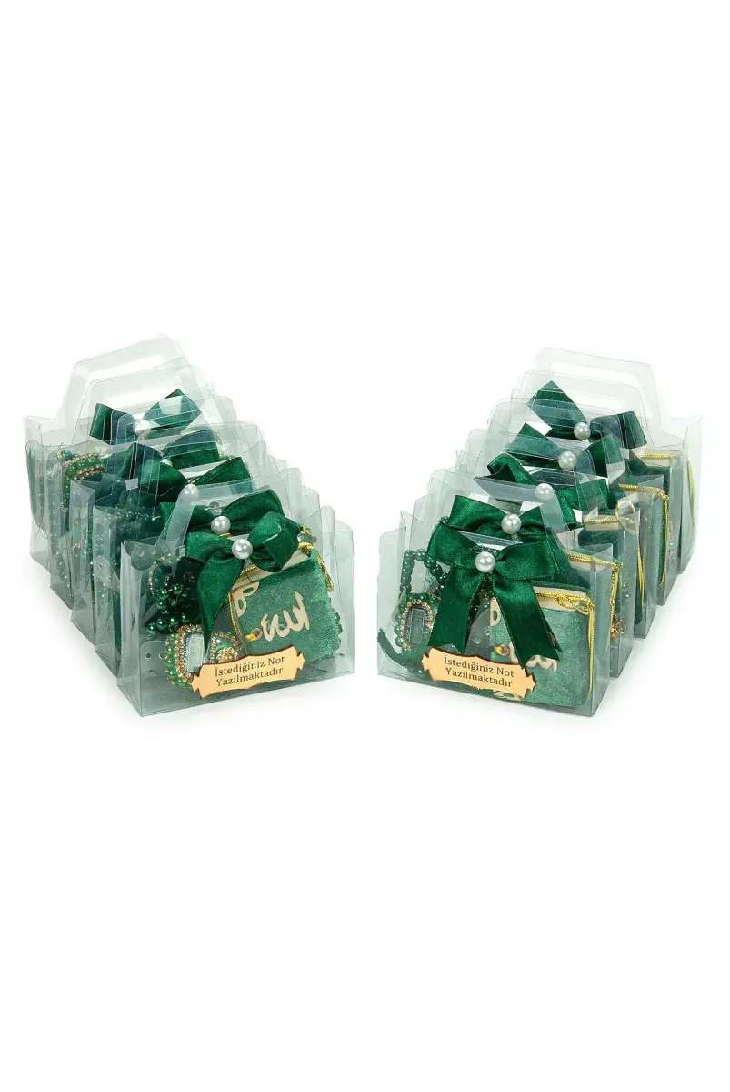 10 Adet İsme Özel Çantalı Mevlüt Hediyelik - Zikirmatik Tesbih Mini Kuranı Kerim Seti - Yeşil - 4