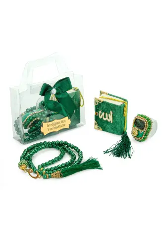 10 Adet İsme Özel Çantalı Mevlüt Hediyelik - Zikirmatik Tesbih Mini Kuranı Kerim Seti - Yeşil - 6