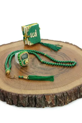 10 Adet İsme Özel Çantalı Mevlüt Hediyelik - Zikirmatik Tesbih Mini Kuranı Kerim Seti - Yeşil - 7