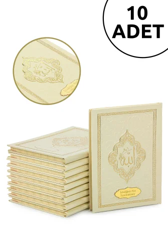 10 Adet İsme Özel Kabartmalı Mevlüt Hediyelik Ciltli Yasin Kitabı - Çanta Boy – 128 Sayfa - Krem 