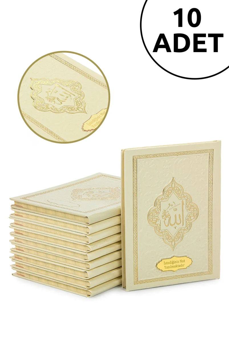10 Adet İsme Özel Kabartmalı Mevlüt Hediyelik Ciltli Yasin Kitabı - Çanta Boy – 128 Sayfa - Krem - 1