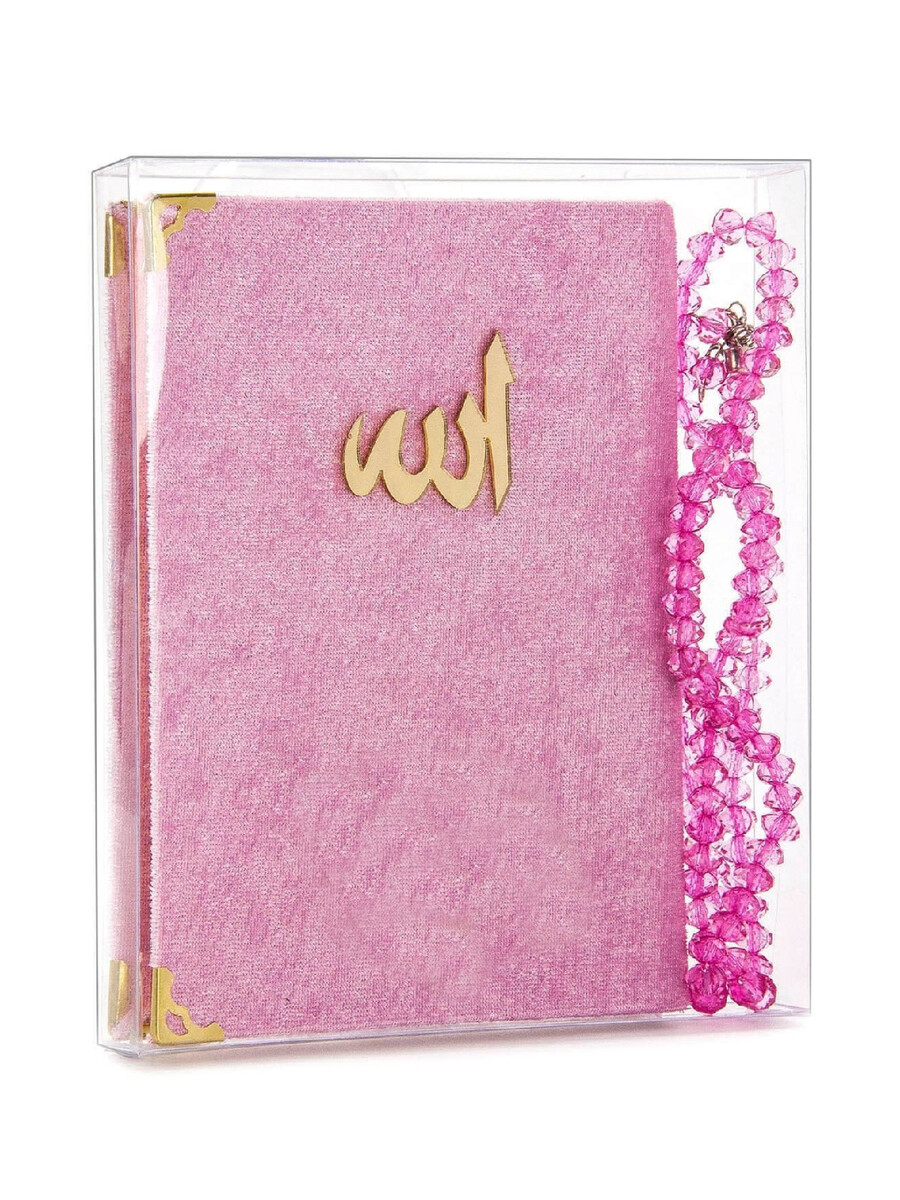 10 Adet Kadife Kaplı Yasin Kitabı - Çanta Boy - Tesbihli - Şeffaf Kutulu - Pembe - Hediyelik Yasin Seti - 1