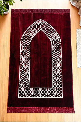 10 Adet Mihraplı Kadife Seccade Seti - Dağıtmalık, Mevlüt, Hac Umre Hediyelik - Bordo - 2