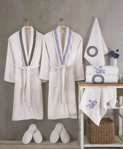10 Parça Kadın Erkek Takım Havlulu Vinessa Aile Bornoz Seti 