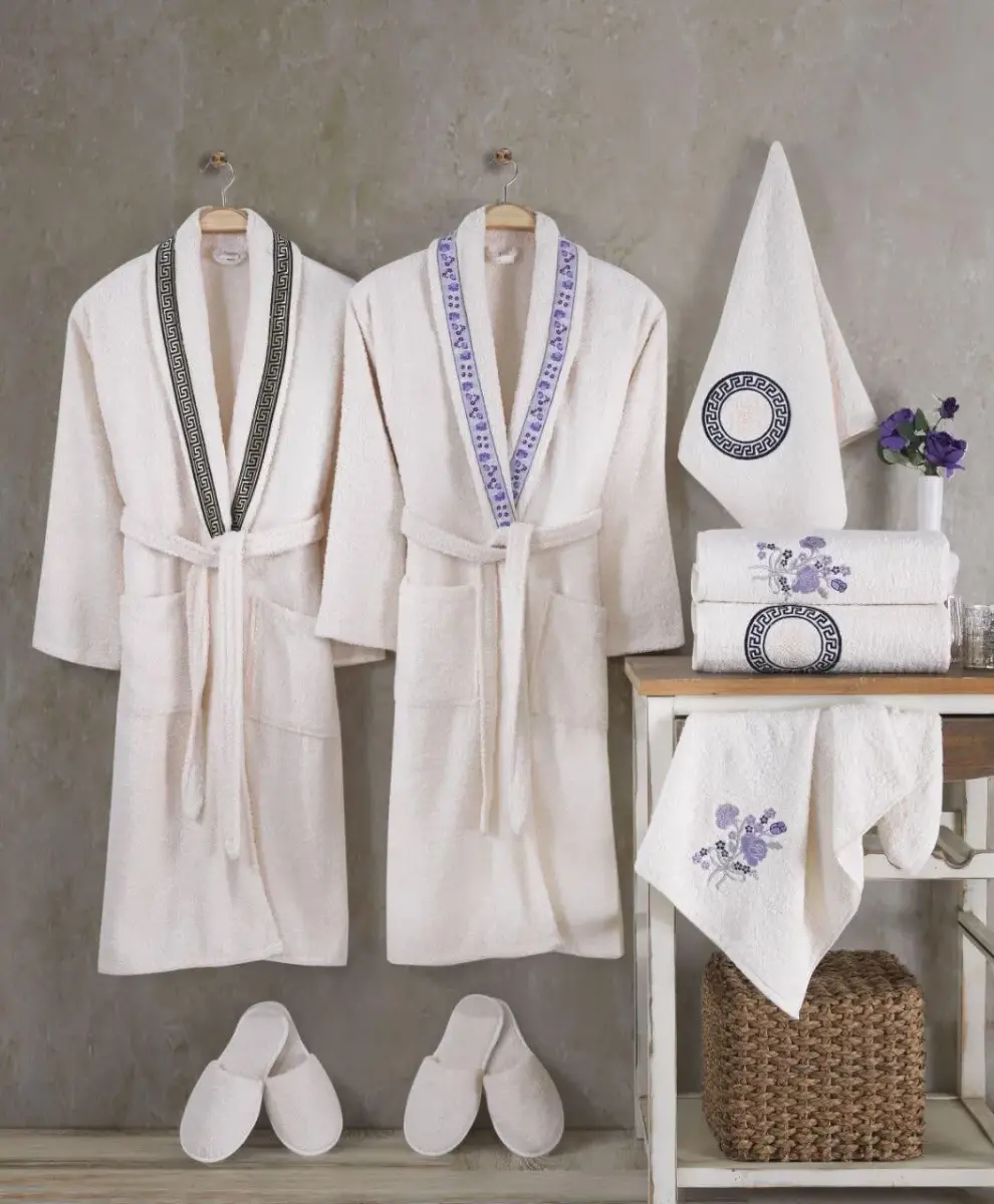 10 Parça Kadın Erkek Takım Havlulu Vinessa Aile Bornoz Seti - 1