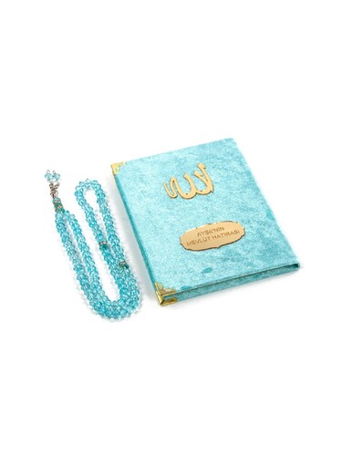 10 Pieces Velvet Covered Yasin Book - Bag Size - Name-Specific Plate - Rosary - Sachet - Blue Color - Mevlüt Gift - 80 Pages - 2