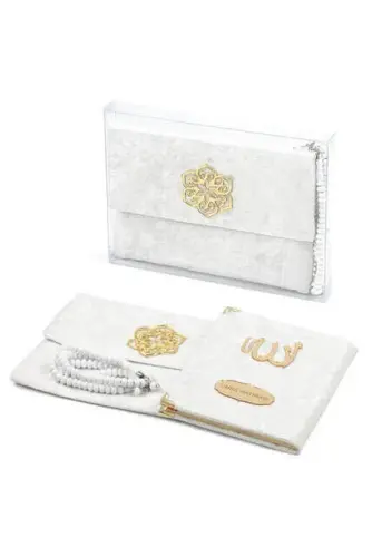 10 Pieces Velvet Covered Yasin Book - Bag Size - Name-Specific Plate - Rosary - Sachet - Boxed - White Color - Mevlit Gift - 1