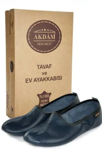 %100 Deri Hac Umre Tavaf Patiği ve Ev Ayakkabısı Lacivert 