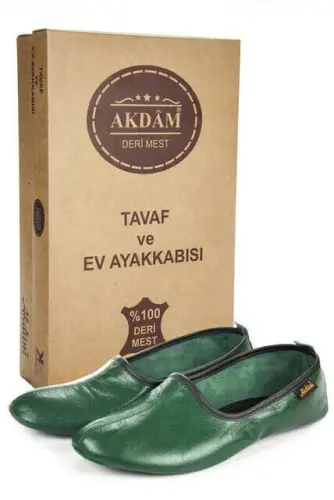 %100 Deri Hac Umre Tavaf Patiği ve Ev Ayakkabısı Yeşil 