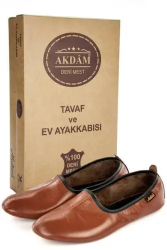 %100 Deri Hac Umre Tavaf Patiği ve Ev Ayakkabısı Kahverengi 