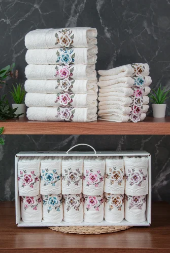 %100 Pamuklu 3D Çiçek İşlemeli 12 li Analı Kızlı Çeyizlik Havlu Seti 50x90 cm - 00030 