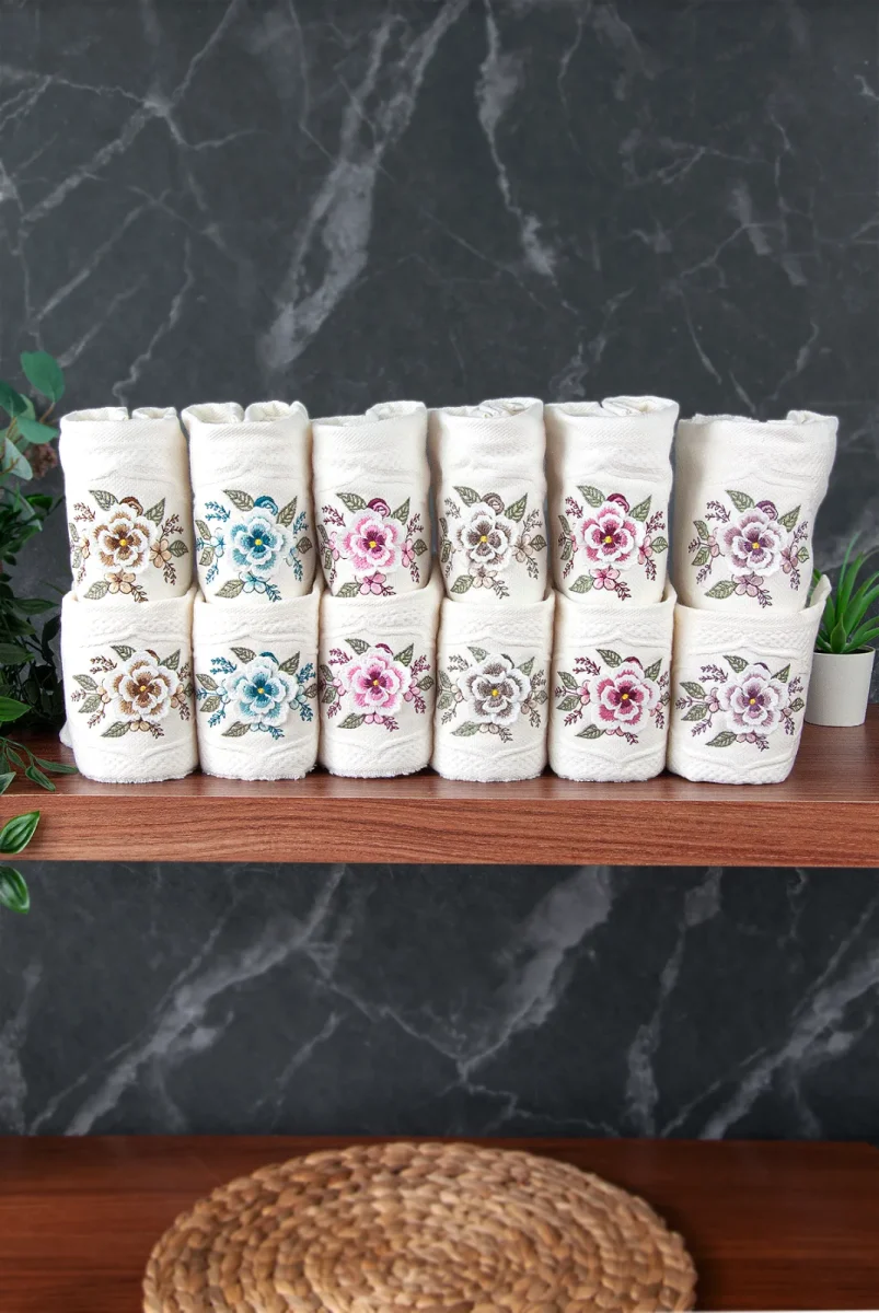 %100 Pamuklu 3D Çiçek İşlemeli 12 li Analı Kızlı Çeyizlik Havlu Seti 50x90 cm - 00030 - 2