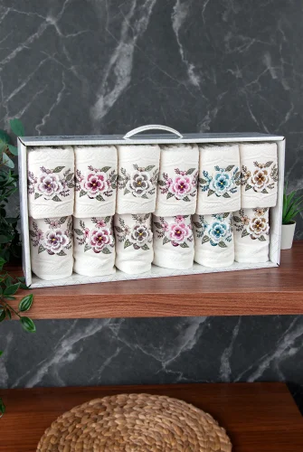 %100 Pamuklu 3D Çiçek İşlemeli 12 li Analı Kızlı Çeyizlik Havlu Seti 50x90 cm - 00030 - 4